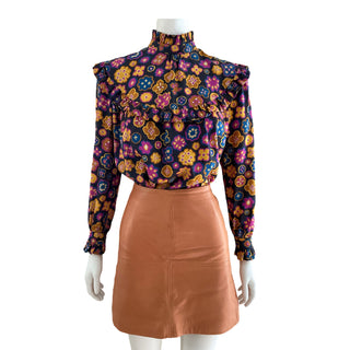 Silk Floral Print Ruffle Blouse